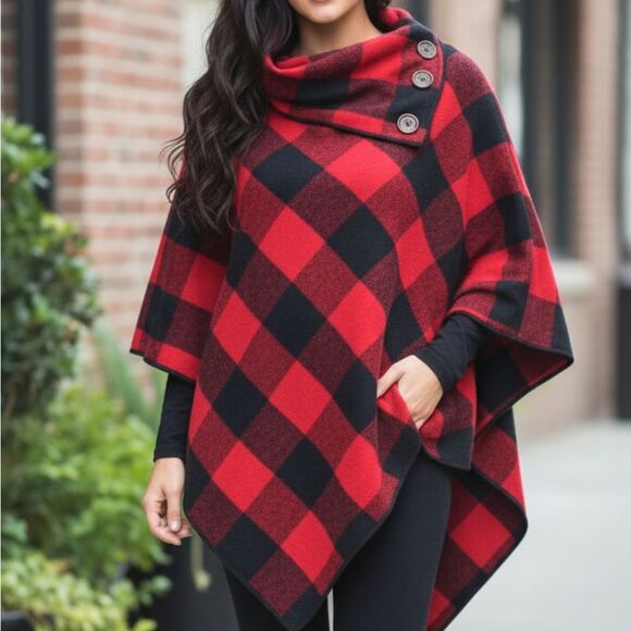 15. Red and Black Buffalo Plaid Poncho - Picture 1 of 8